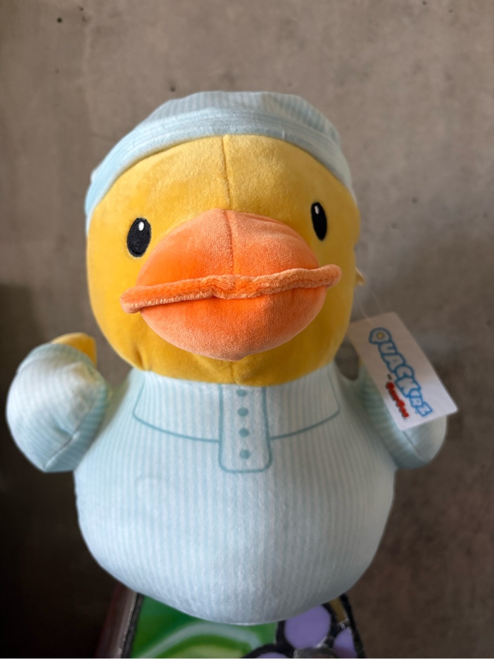 Soft Plushie Quackerz  Yellow Duck in Light Blue Outfit.